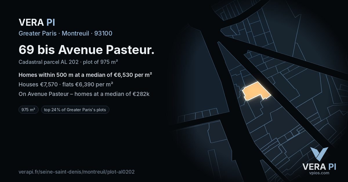 69 bis Avenue Pasteur, Montreuil at night – the plot lit, the parcels around coloured by the prices near them