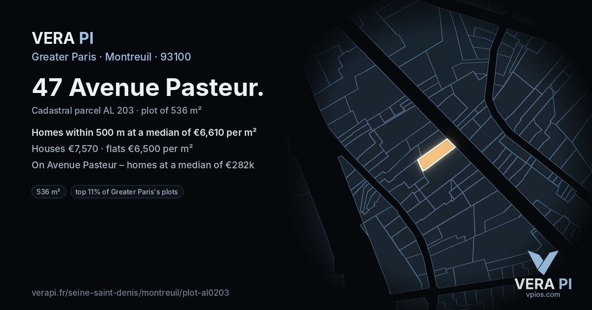 47 Avenue Pasteur, Montreuil at night – the plot lit, the parcels around coloured by the prices near them