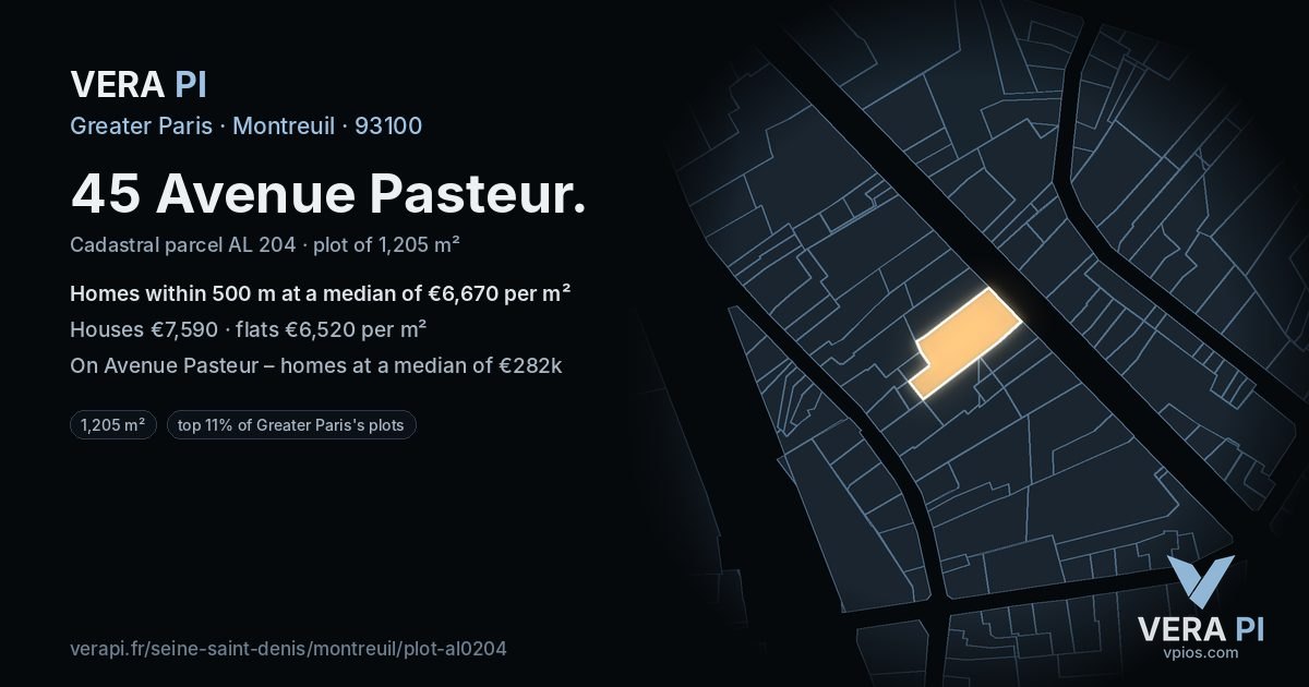 45 Avenue Pasteur, Montreuil at night – the plot lit, the parcels around coloured by the prices near them
