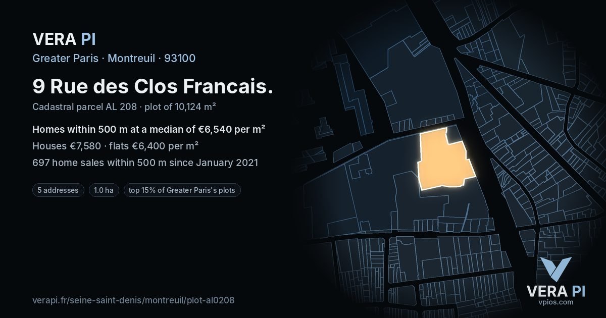 9 Rue des Clos Francais, Montreuil at night – the plot lit, the parcels around coloured by the prices near them