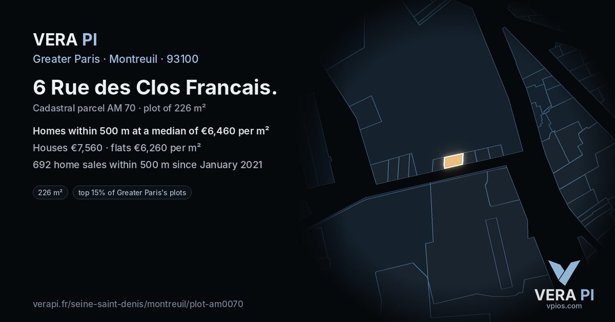 6 Rue des Clos Francais, Montreuil at night – the plot lit, the parcels around coloured by the prices near them