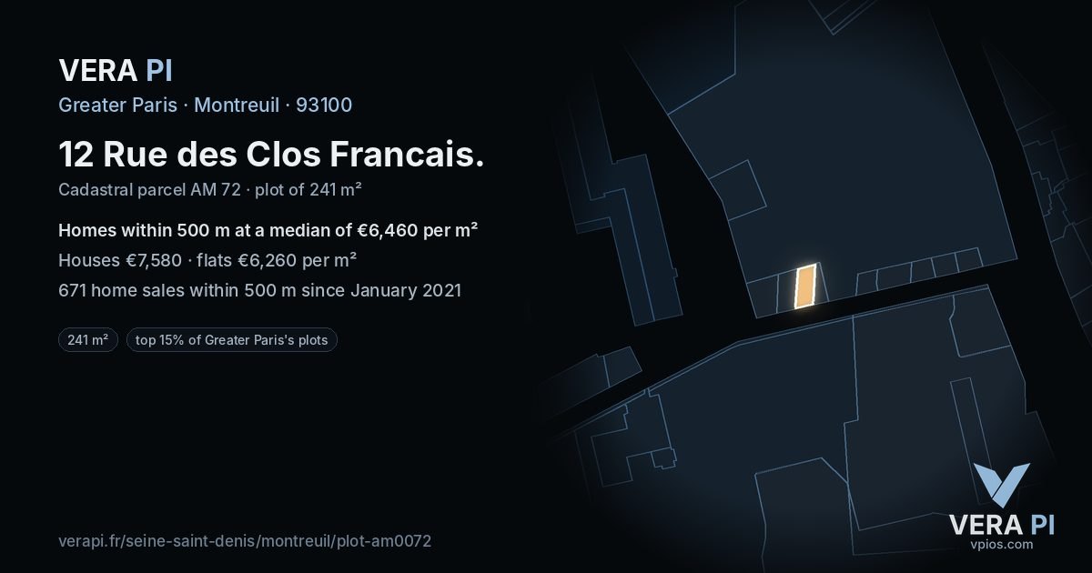12 Rue des Clos Francais, Montreuil at night – the plot lit, the parcels around coloured by the prices near them