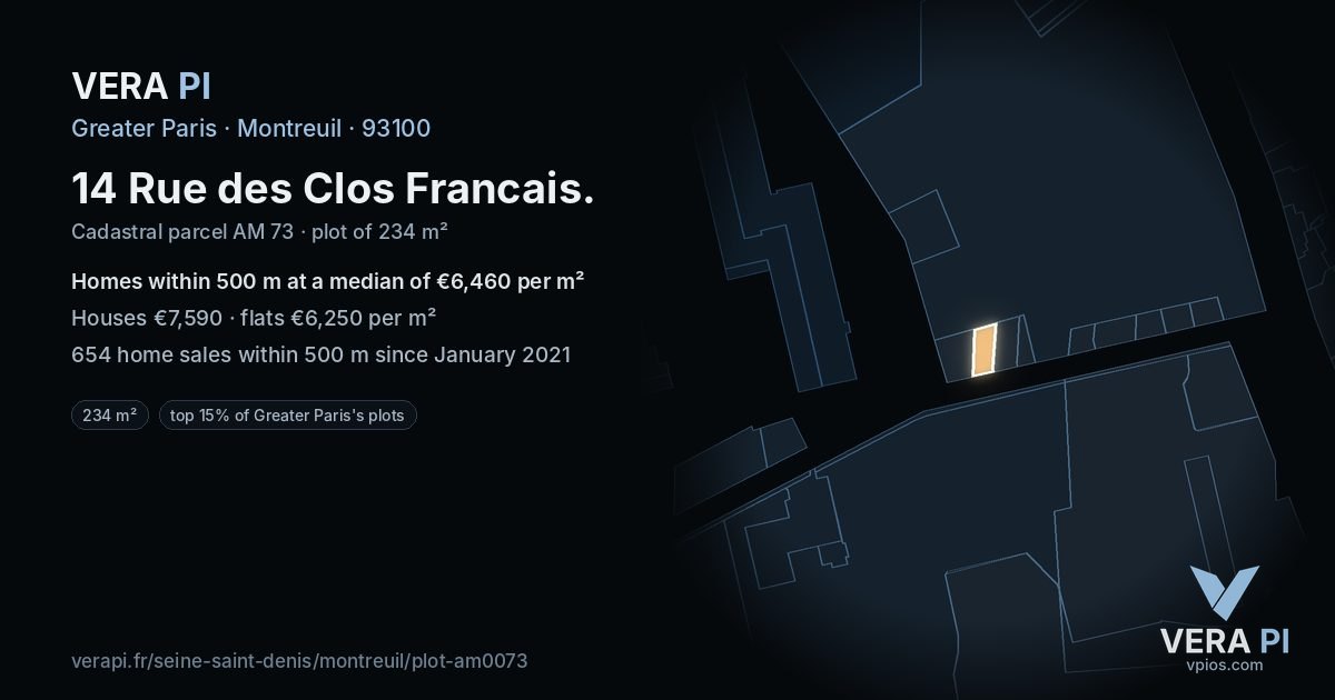 14 Rue des Clos Francais, Montreuil at night – the plot lit, the parcels around coloured by the prices near them