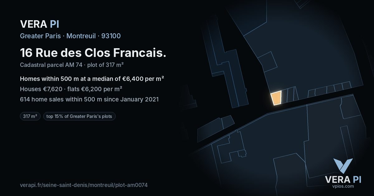 16 Rue des Clos Francais, Montreuil at night – the plot lit, the parcels around coloured by the prices near them