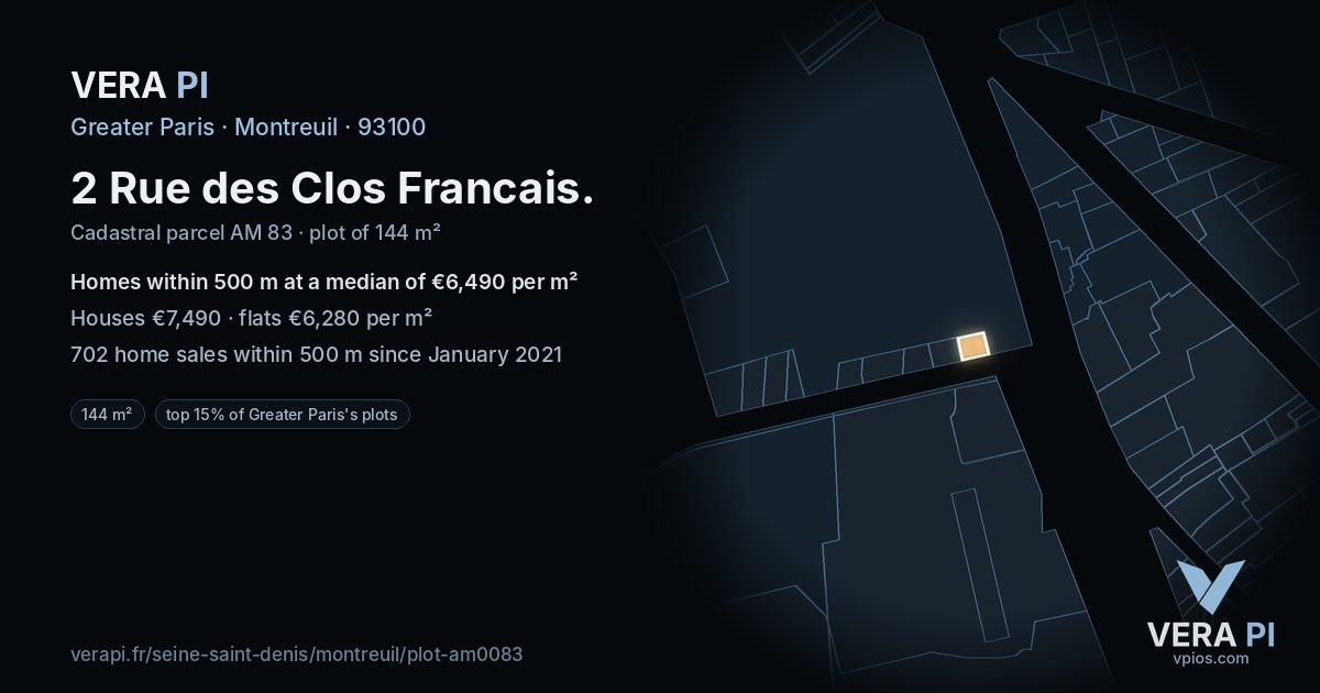 2 Rue des Clos Francais, Montreuil at night – the plot lit, the parcels around coloured by the prices near them