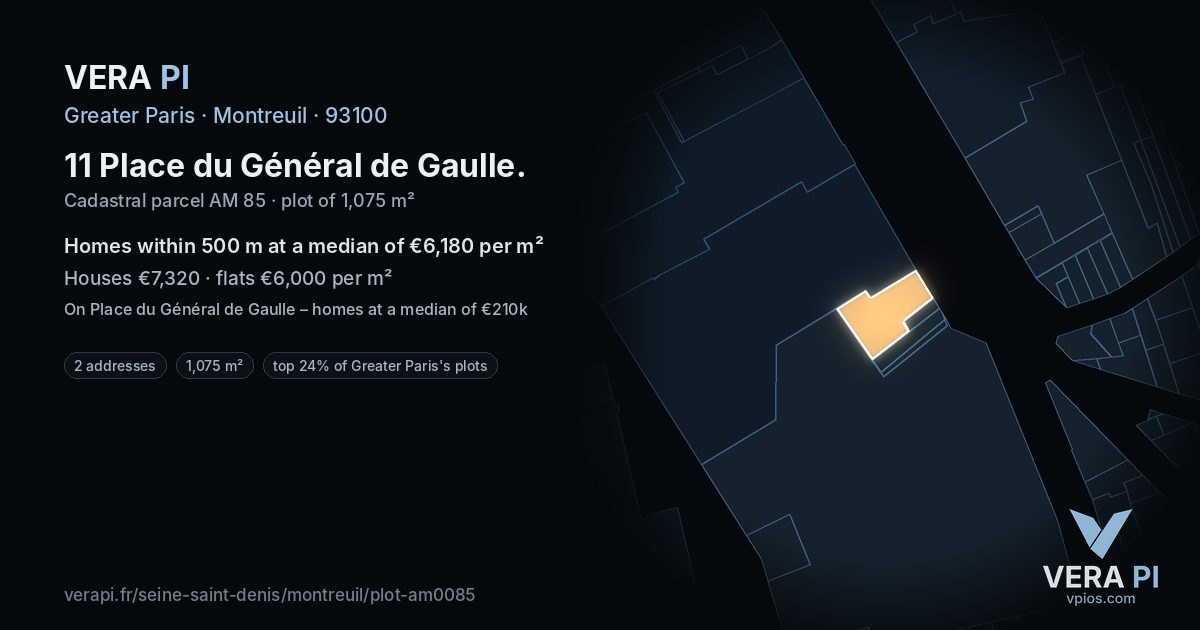 11 Place du Général de Gaulle, Montreuil at night – the plot lit, the parcels around coloured by the prices near them