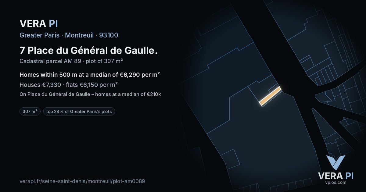 7 Place du Général de Gaulle, Montreuil at night – the plot lit, the parcels around coloured by the prices near them