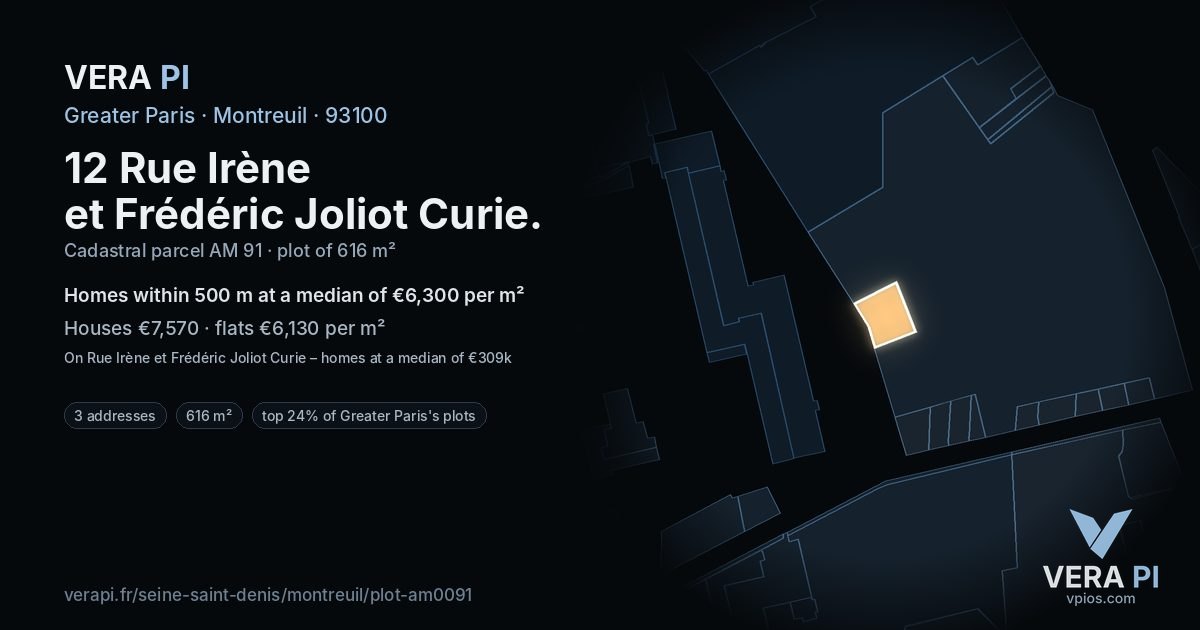 12 Rue Irène et Frédéric Joliot Curie, Montreuil at night – the plot lit, the parcels around coloured by the prices near them