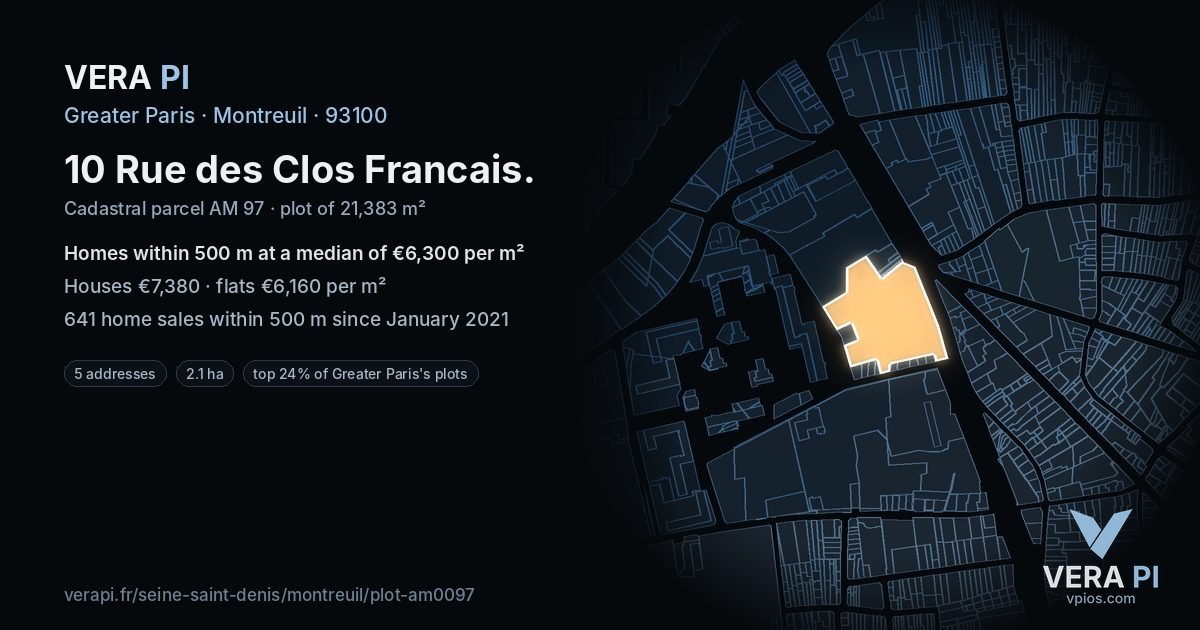 10 Rue des Clos Francais, Montreuil at night – the plot lit, the parcels around coloured by the prices near them