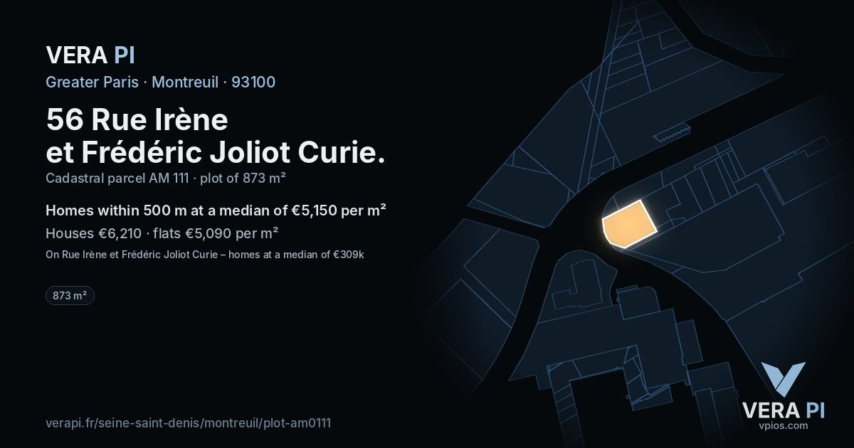 56 Rue Irène et Frédéric Joliot Curie, Montreuil at night – the plot lit, the parcels around coloured by the prices near them