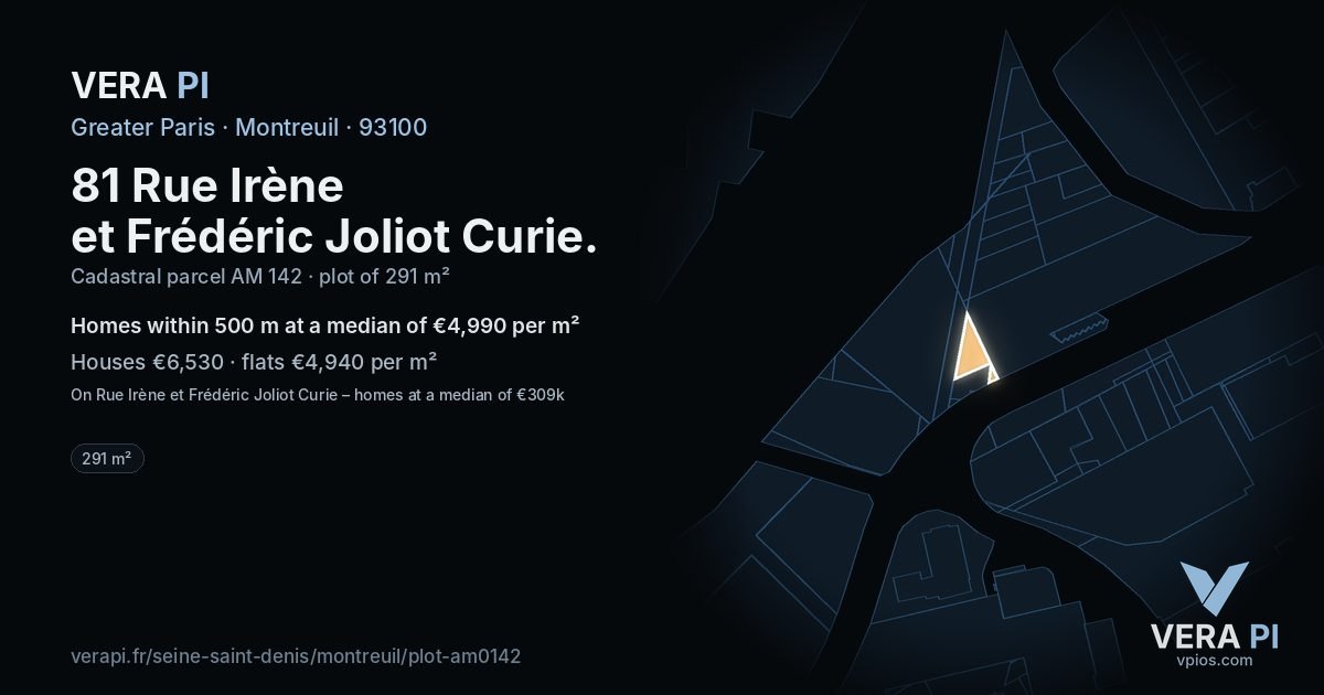 81 Rue Irène et Frédéric Joliot Curie, Montreuil at night – the plot lit, the parcels around coloured by the prices near them