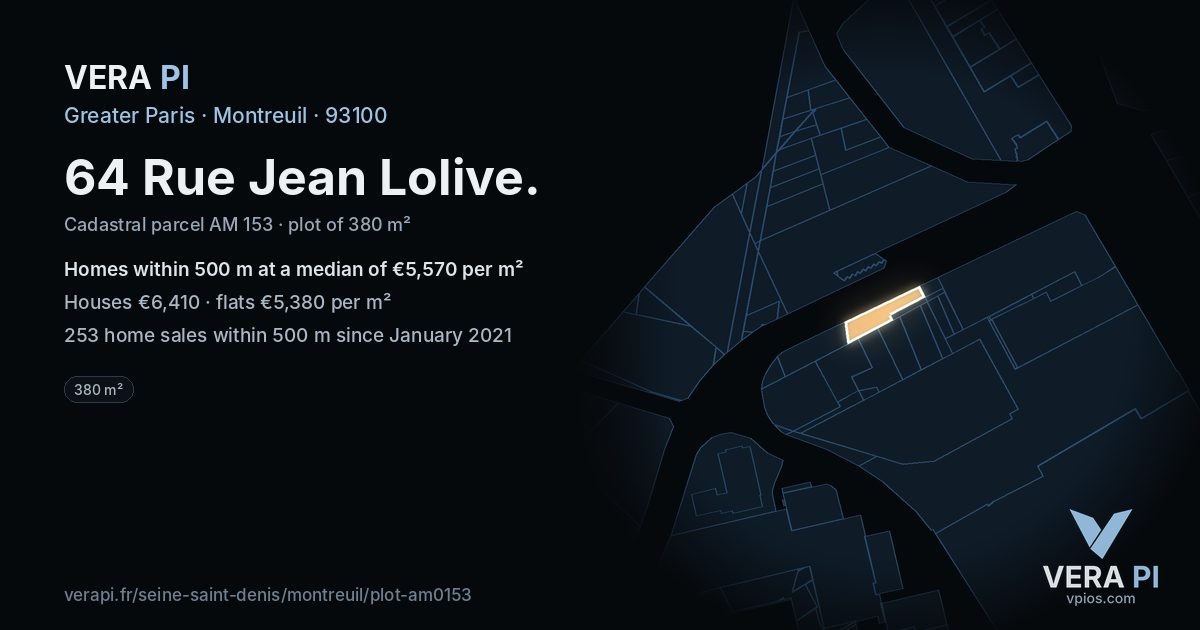 64 Rue Jean Lolive, Montreuil at night – the plot lit, the parcels around coloured by the prices near them