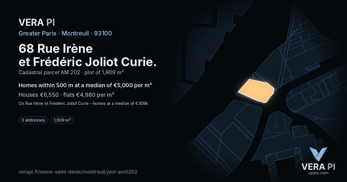 68 Rue Irène et Frédéric Joliot Curie, Montreuil at night – the plot lit, the parcels around coloured by the prices near them