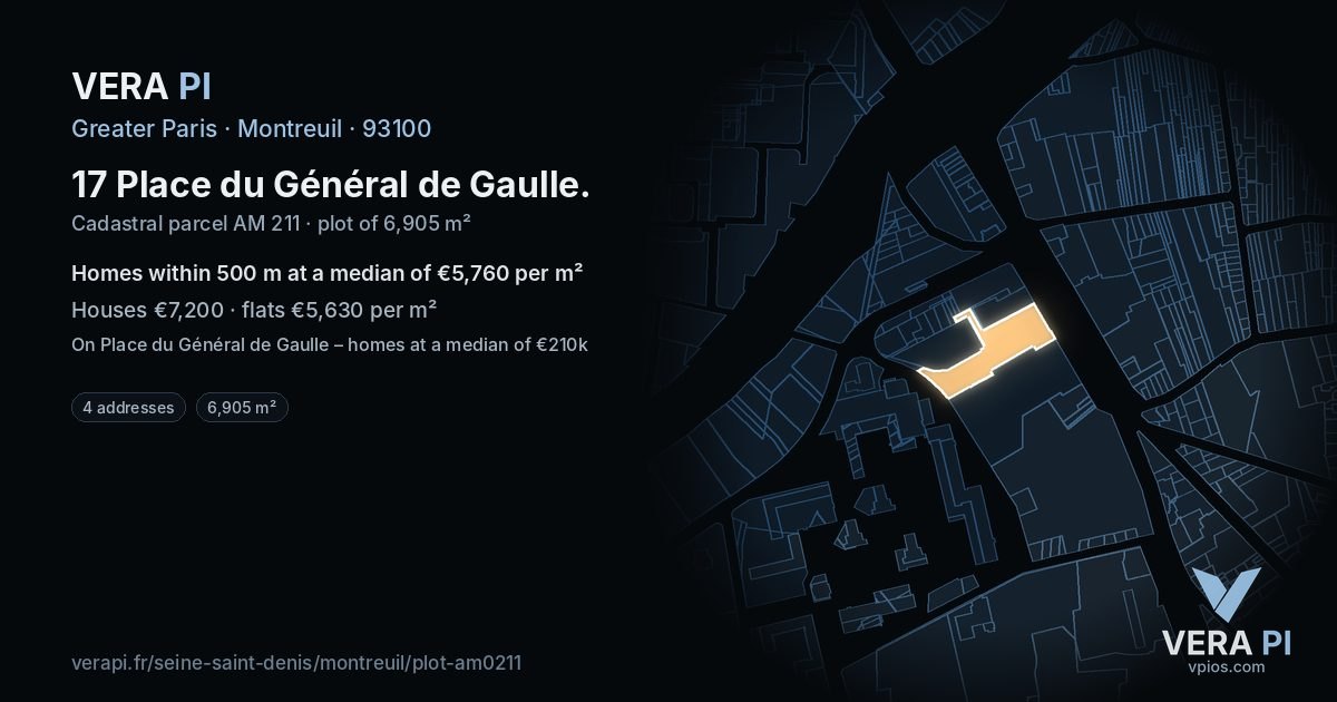 17 Place du Général de Gaulle, Montreuil at night – the plot lit, the parcels around coloured by the prices near them