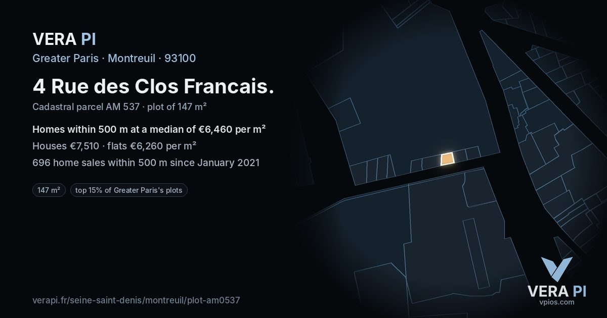 4 Rue des Clos Francais, Montreuil at night – the plot lit, the parcels around coloured by the prices near them