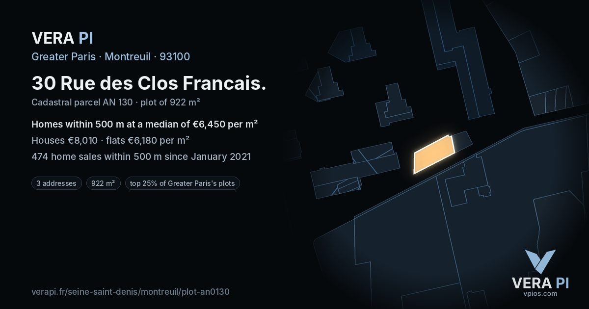 30 Rue des Clos Francais, Montreuil at night – the plot lit, the parcels around coloured by the prices near them