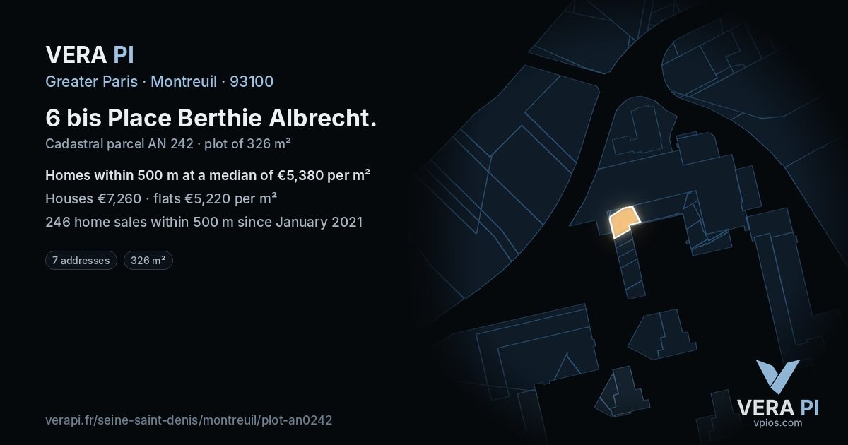 6 bis Place Berthie Albrecht, Montreuil at night – the plot lit, the parcels around coloured by the prices near them