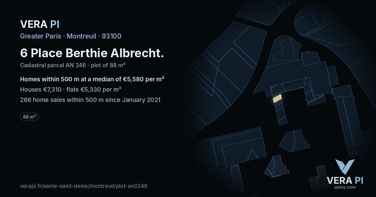 6 Place Berthie Albrecht, Montreuil at night – the plot lit, the parcels around coloured by the prices near them