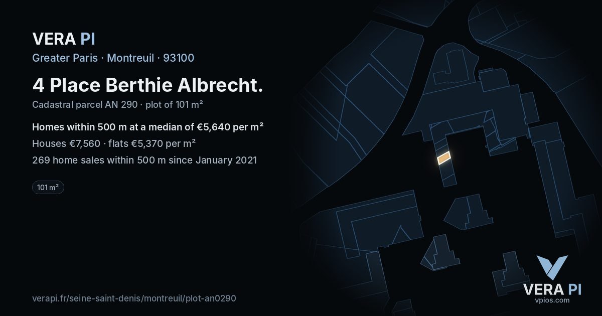 4 Place Berthie Albrecht, Montreuil at night – the plot lit, the parcels around coloured by the prices near them