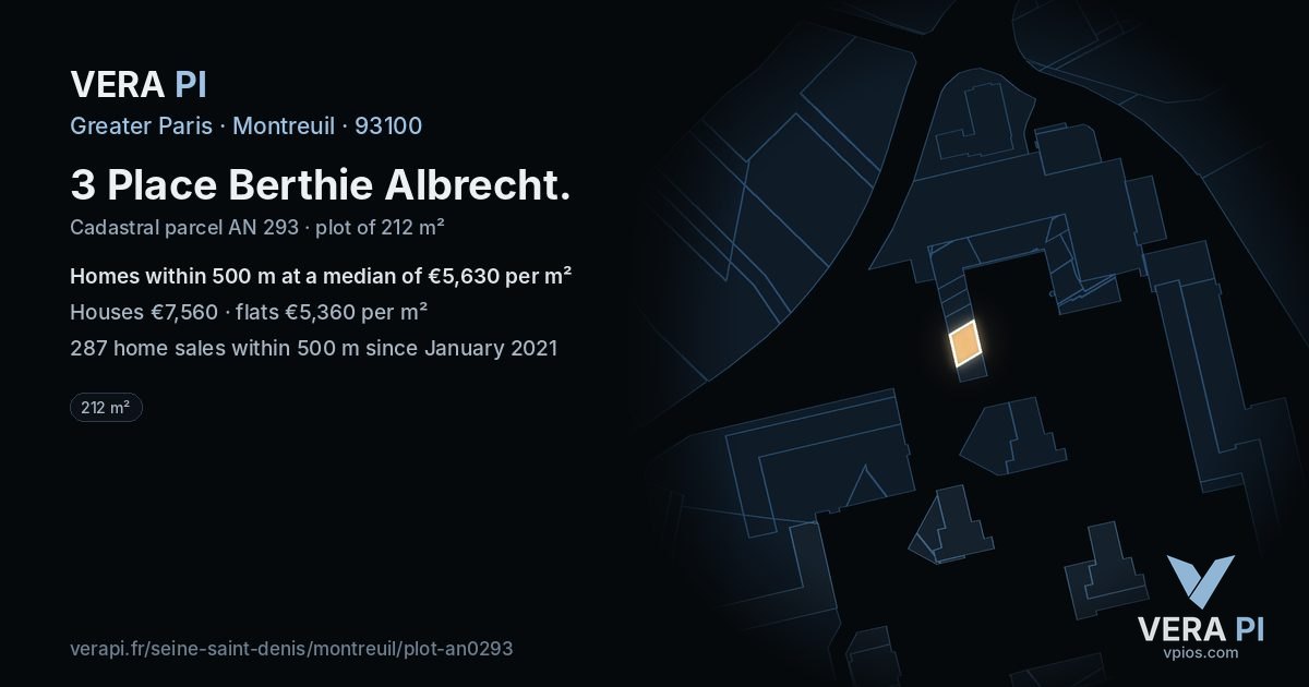 3 Place Berthie Albrecht, Montreuil at night – the plot lit, the parcels around coloured by the prices near them