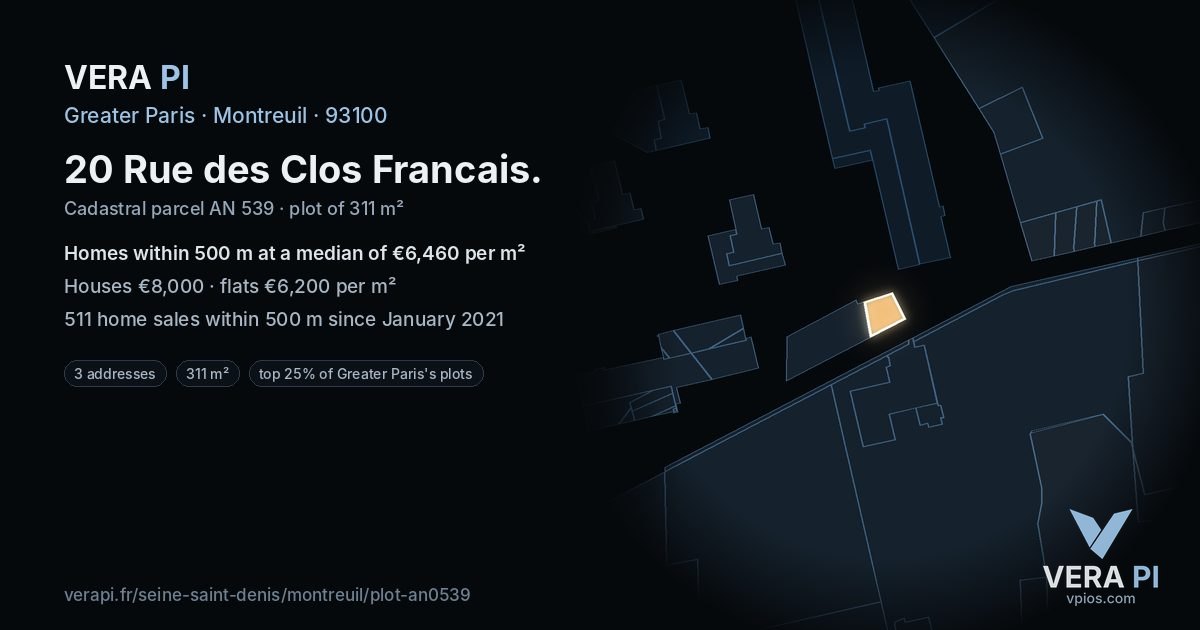 20 Rue des Clos Francais, Montreuil at night – the plot lit, the parcels around coloured by the prices near them