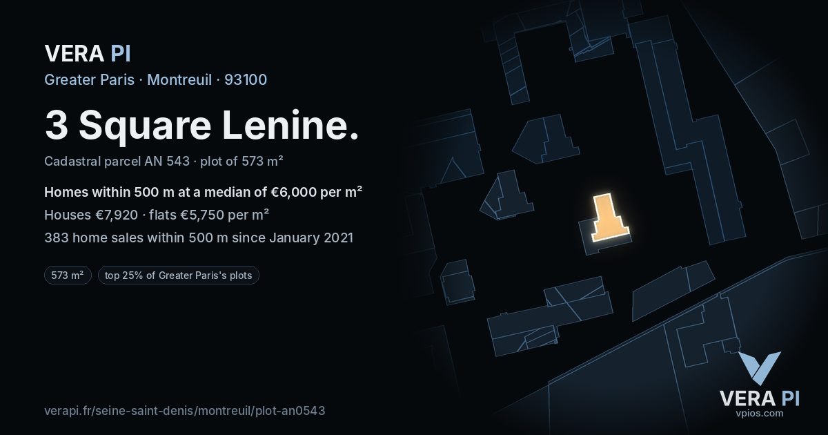 3 Square Lenine, Montreuil at night – the plot lit, the parcels around coloured by the prices near them