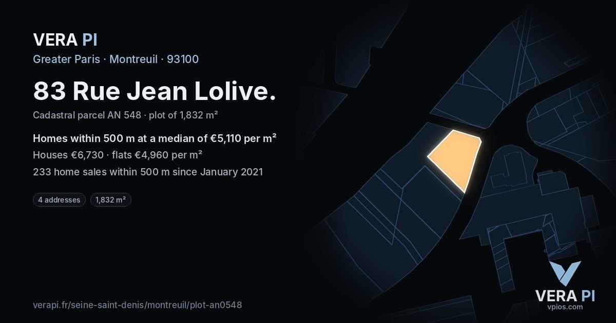 83 Rue Jean Lolive, Montreuil at night – the plot lit, the parcels around coloured by the prices near them