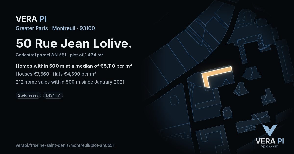 50 Rue Jean Lolive, Montreuil at night – the plot lit, the parcels around coloured by the prices near them