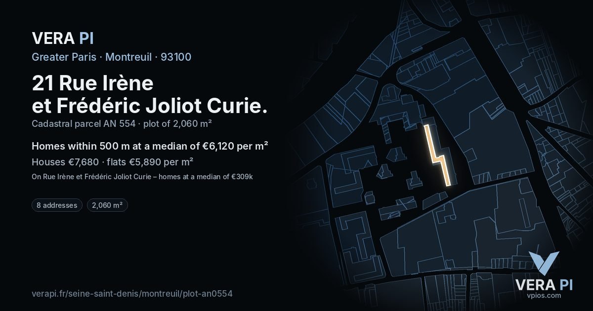 21 Rue Irène et Frédéric Joliot Curie, Montreuil at night – the plot lit, the parcels around coloured by the prices near them
