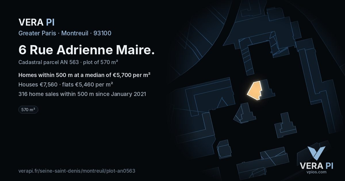 6 Rue Adrienne Maire, Montreuil at night – the plot lit, the parcels around coloured by the prices near them
