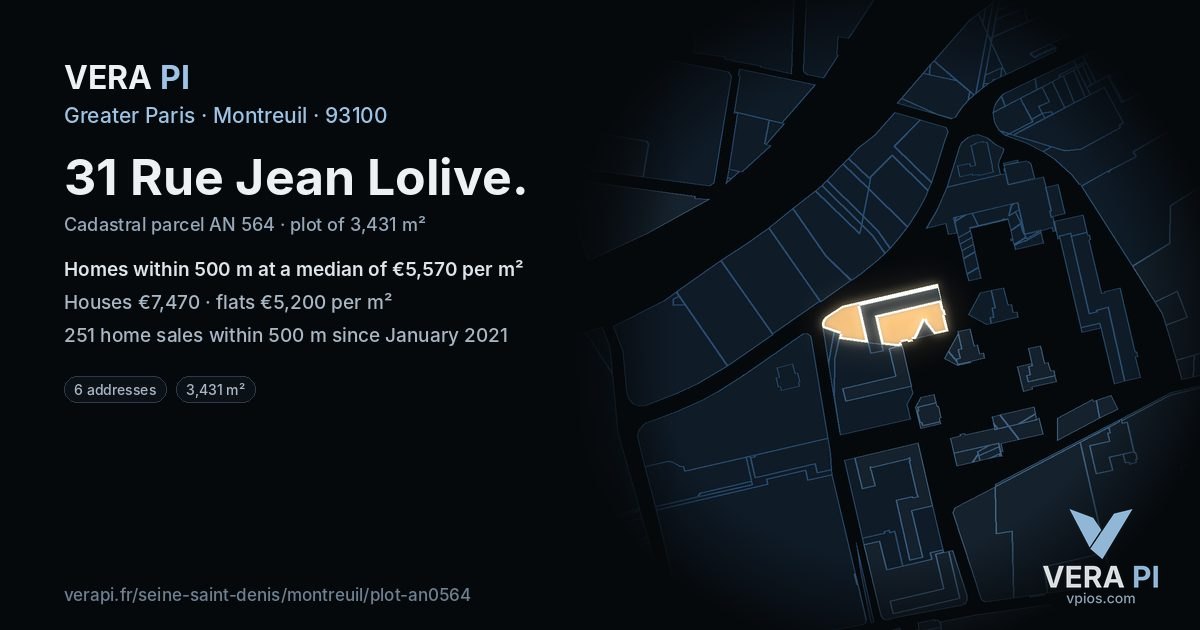 31 Rue Jean Lolive, Montreuil at night – the plot lit, the parcels around coloured by the prices near them