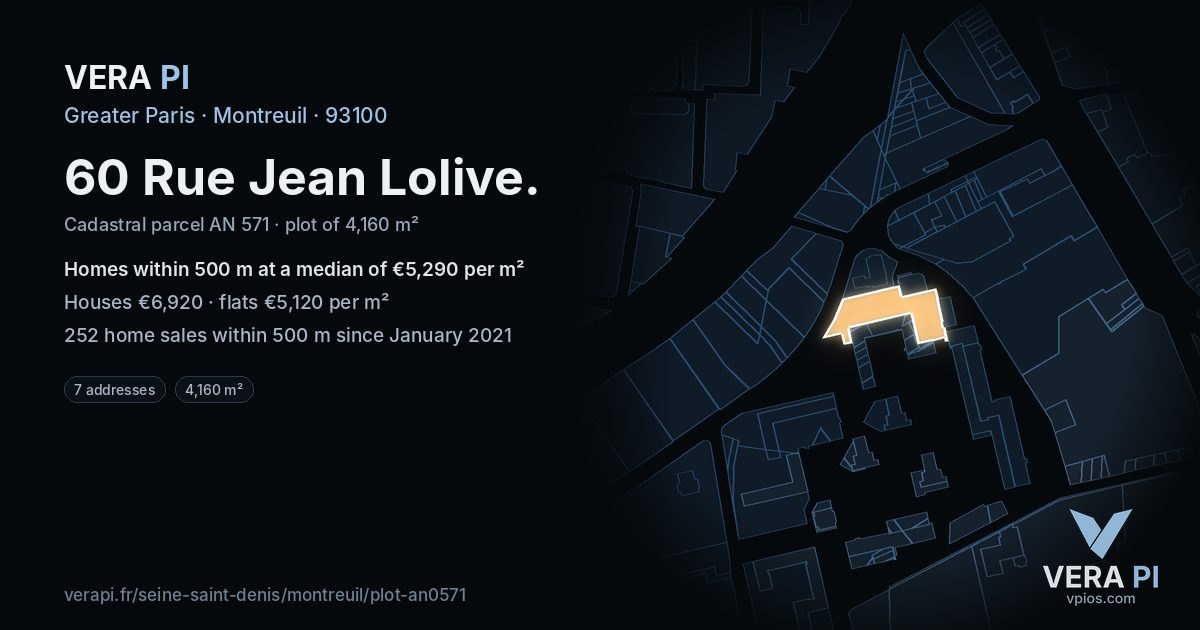 60 Rue Jean Lolive, Montreuil at night – the plot lit, the parcels around coloured by the prices near them
