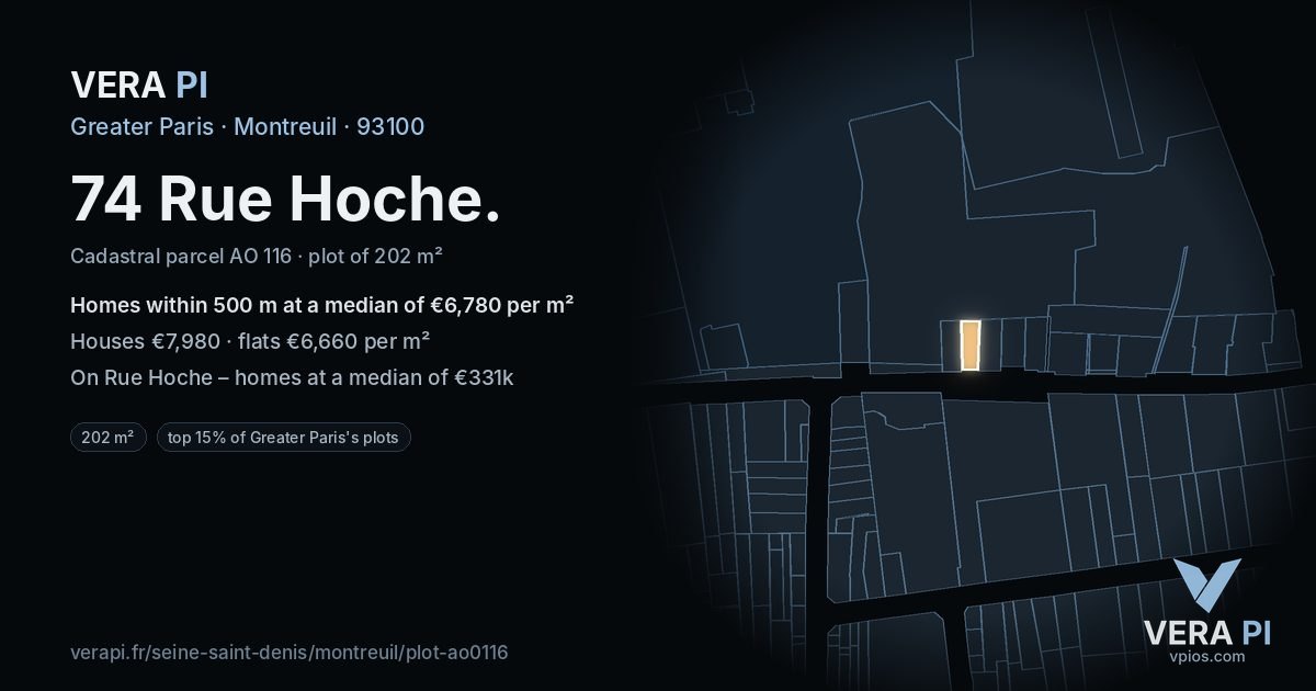 74 Rue Hoche, Montreuil at night – the plot lit, the parcels around coloured by the prices near them