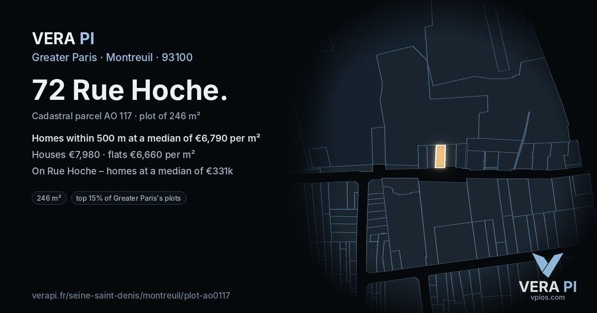 72 Rue Hoche, Montreuil at night – the plot lit, the parcels around coloured by the prices near them