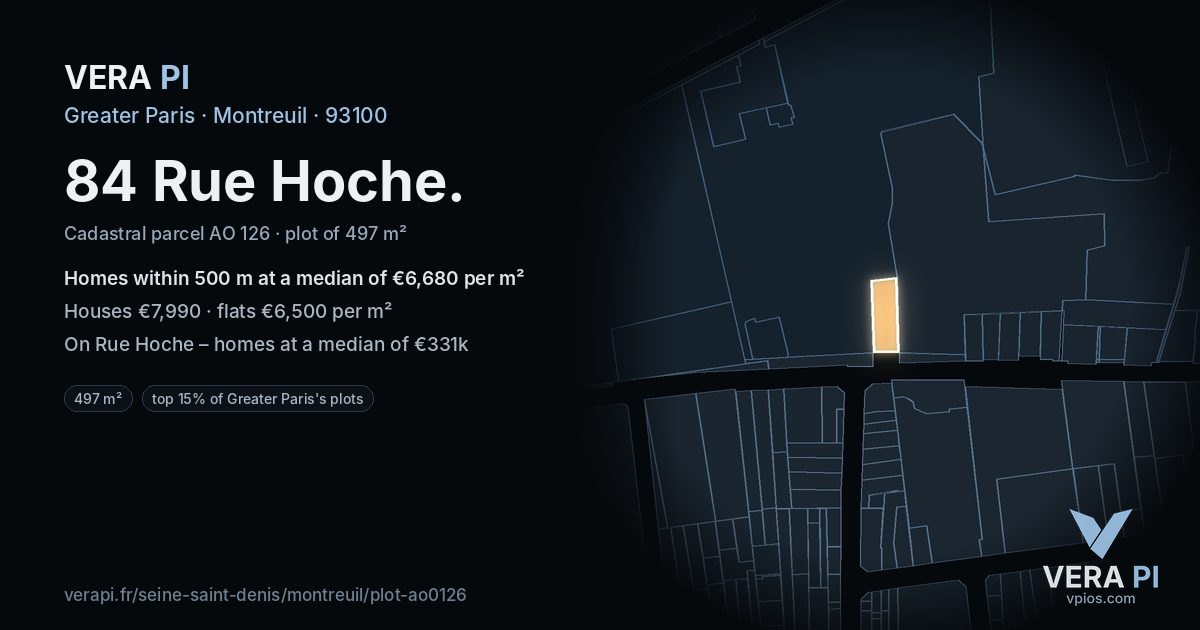 84 Rue Hoche, Montreuil at night – the plot lit, the parcels around coloured by the prices near them