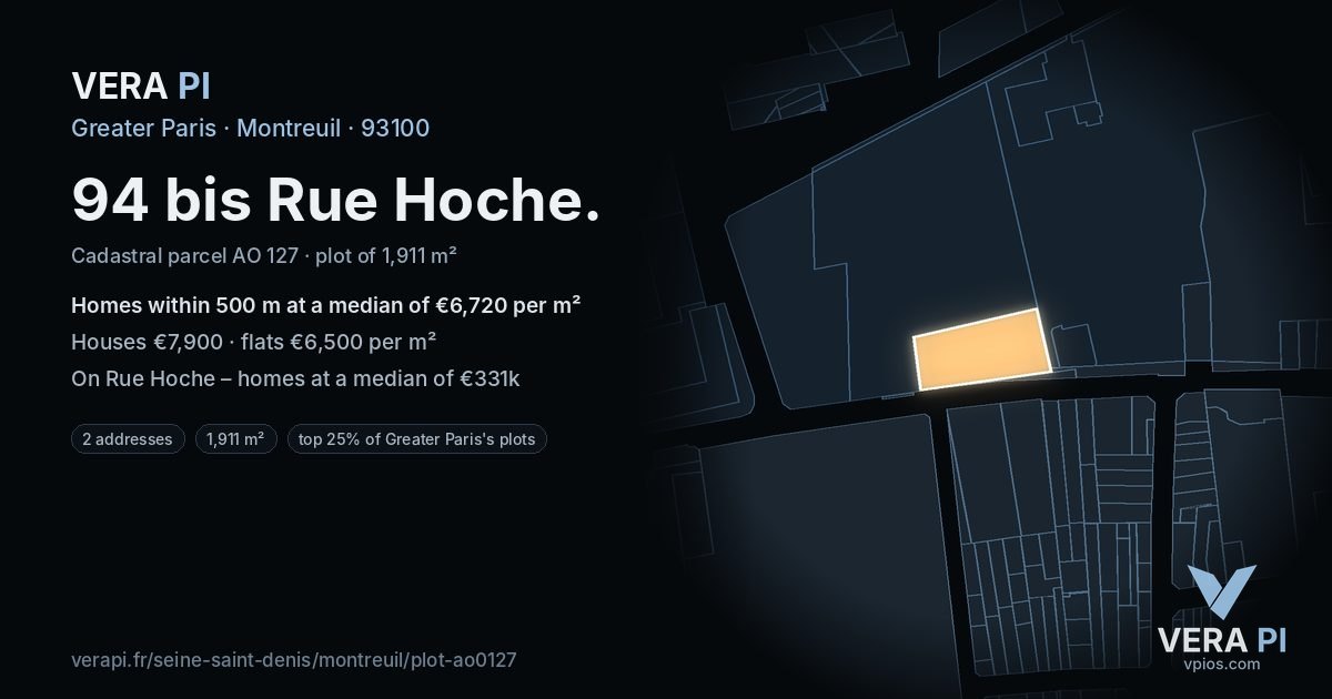 94 bis Rue Hoche, Montreuil at night – the plot lit, the parcels around coloured by the prices near them
