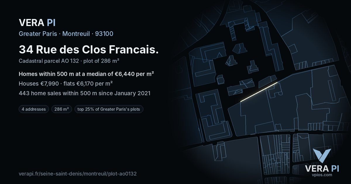 34 Rue des Clos Francais, Montreuil at night – the plot lit, the parcels around coloured by the prices near them