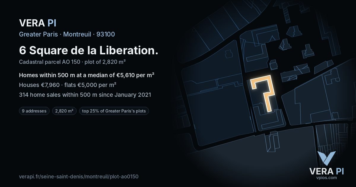 6 Square de la Liberation, Montreuil at night – the plot lit, the parcels around coloured by the prices near them