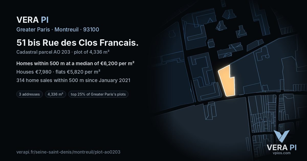 51 bis Rue des Clos Francais, Montreuil at night – the plot lit, the parcels around coloured by the prices near them