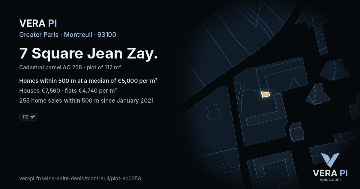 7 Square Jean Zay, Montreuil at night – the plot lit, the parcels around coloured by the prices near them