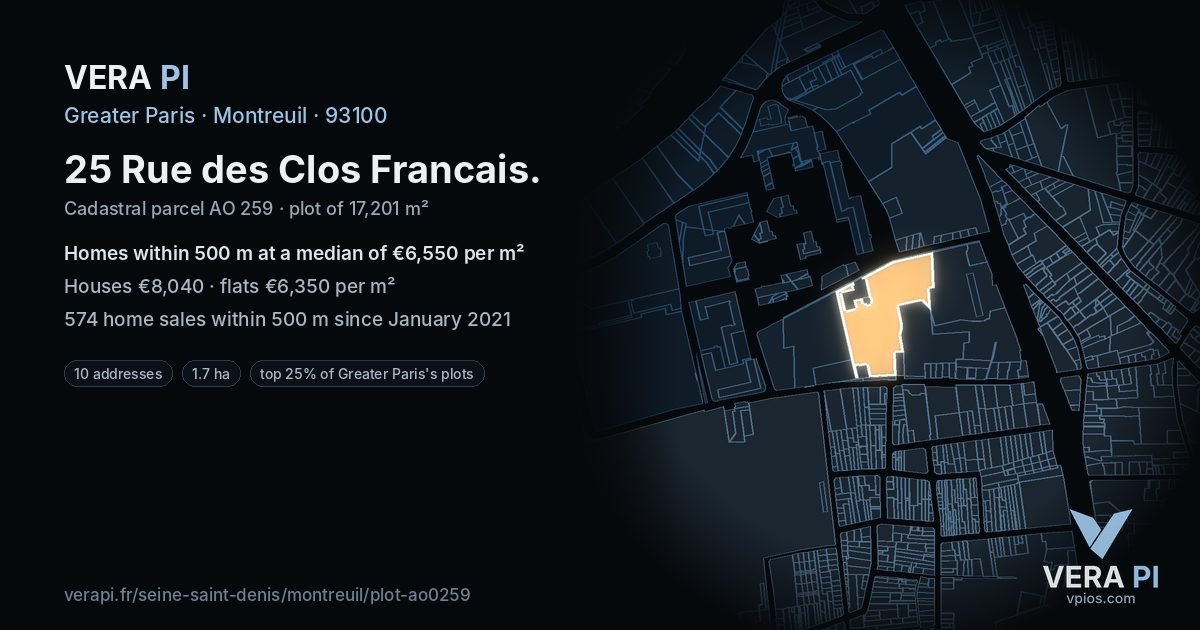 25 Rue des Clos Francais, Montreuil at night – the plot lit, the parcels around coloured by the prices near them