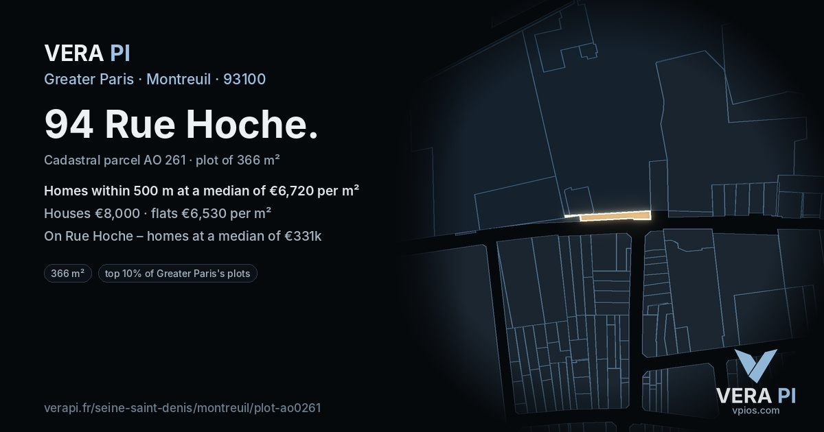 94 Rue Hoche, Montreuil at night – the plot lit, the parcels around coloured by the prices near them