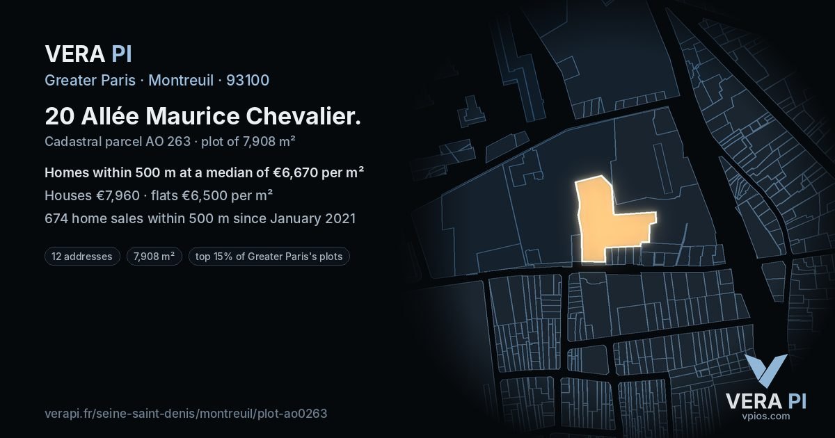 20 Allée Maurice Chevalier, Montreuil at night – the plot lit, the parcels around coloured by the prices near them