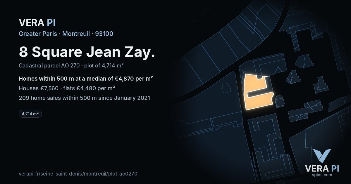 8 Square Jean Zay, Montreuil at night – the plot lit, the parcels around coloured by the prices near them
