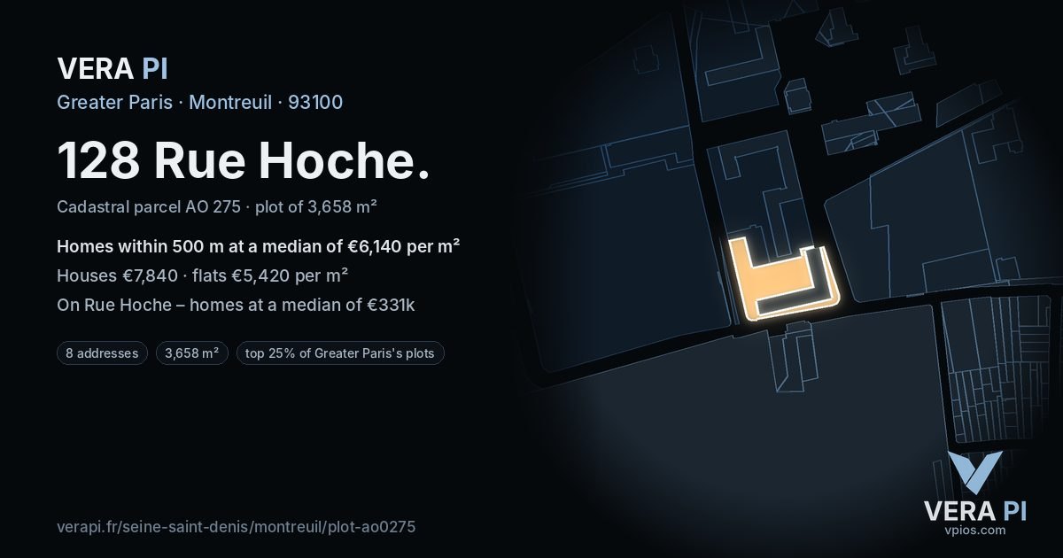 128 Rue Hoche, Montreuil at night – the plot lit, the parcels around coloured by the prices near them