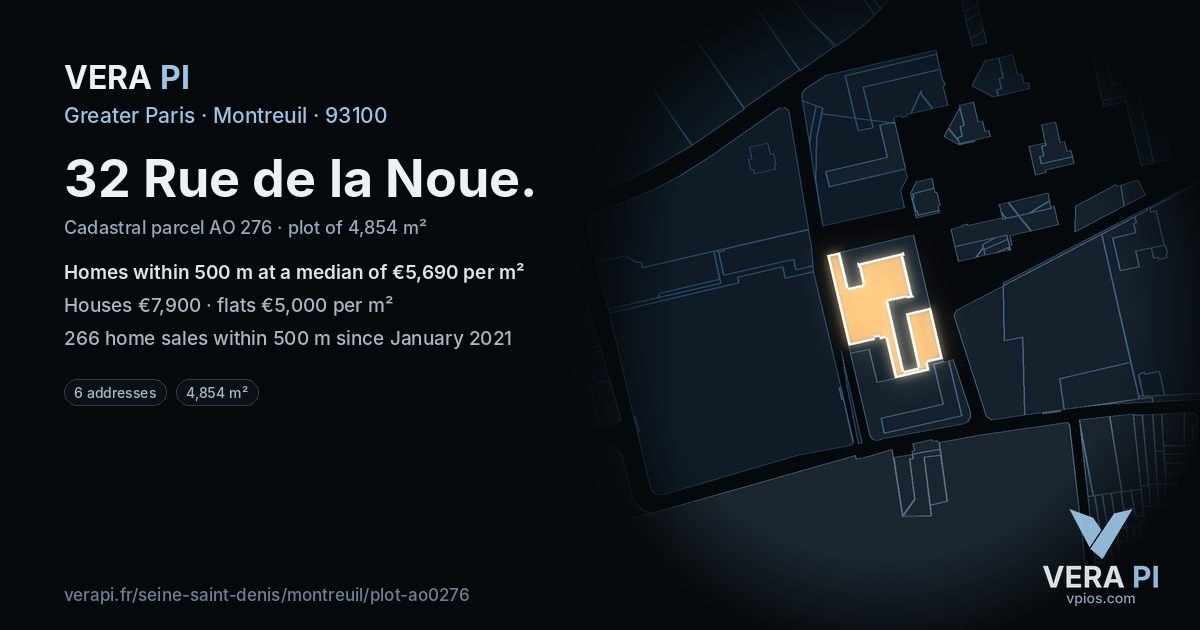 32 Rue de la Noue, Montreuil at night – the plot lit, the parcels around coloured by the prices near them