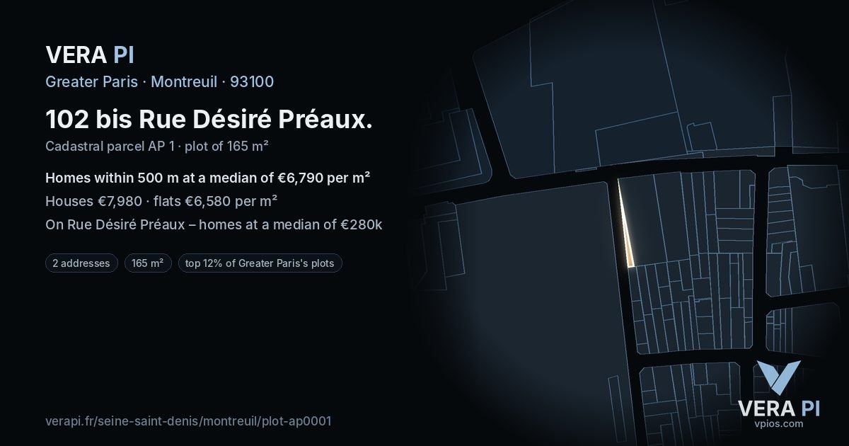 102 bis Rue Désiré Préaux, Montreuil at night – the plot lit, the parcels around coloured by the prices near them