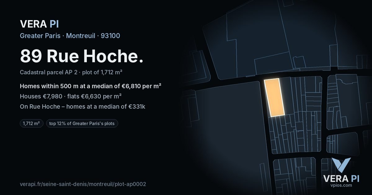 89 Rue Hoche, Montreuil at night – the plot lit, the parcels around coloured by the prices near them