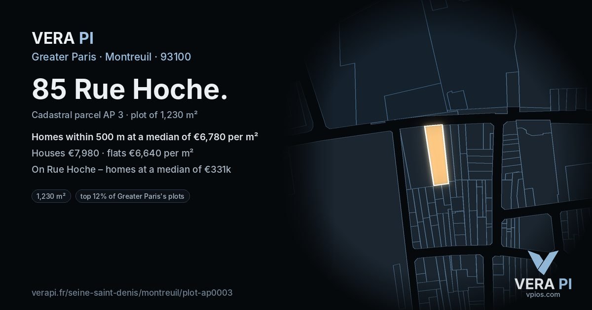 85 Rue Hoche, Montreuil at night – the plot lit, the parcels around coloured by the prices near them