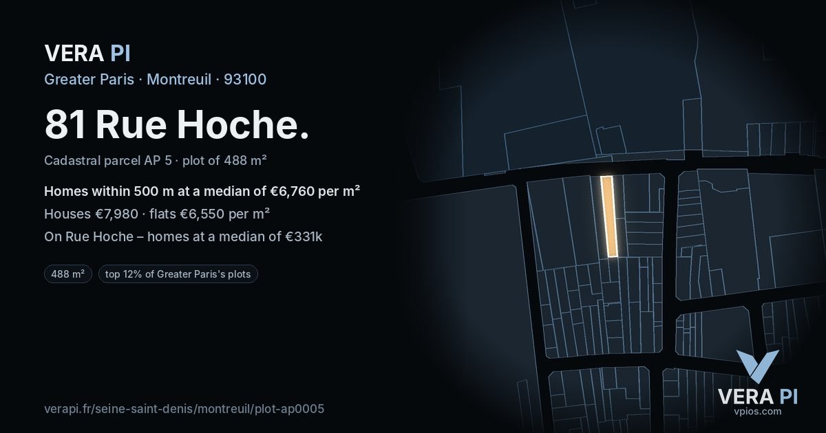 81 Rue Hoche, Montreuil at night – the plot lit, the parcels around coloured by the prices near them